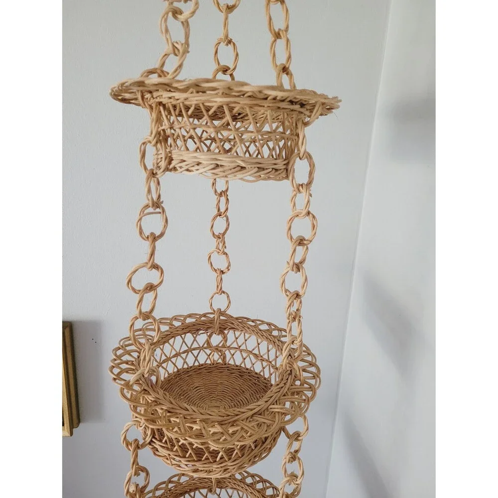 Vintage Handwoven Rattan Hanging Basket 3-Tier Organizer